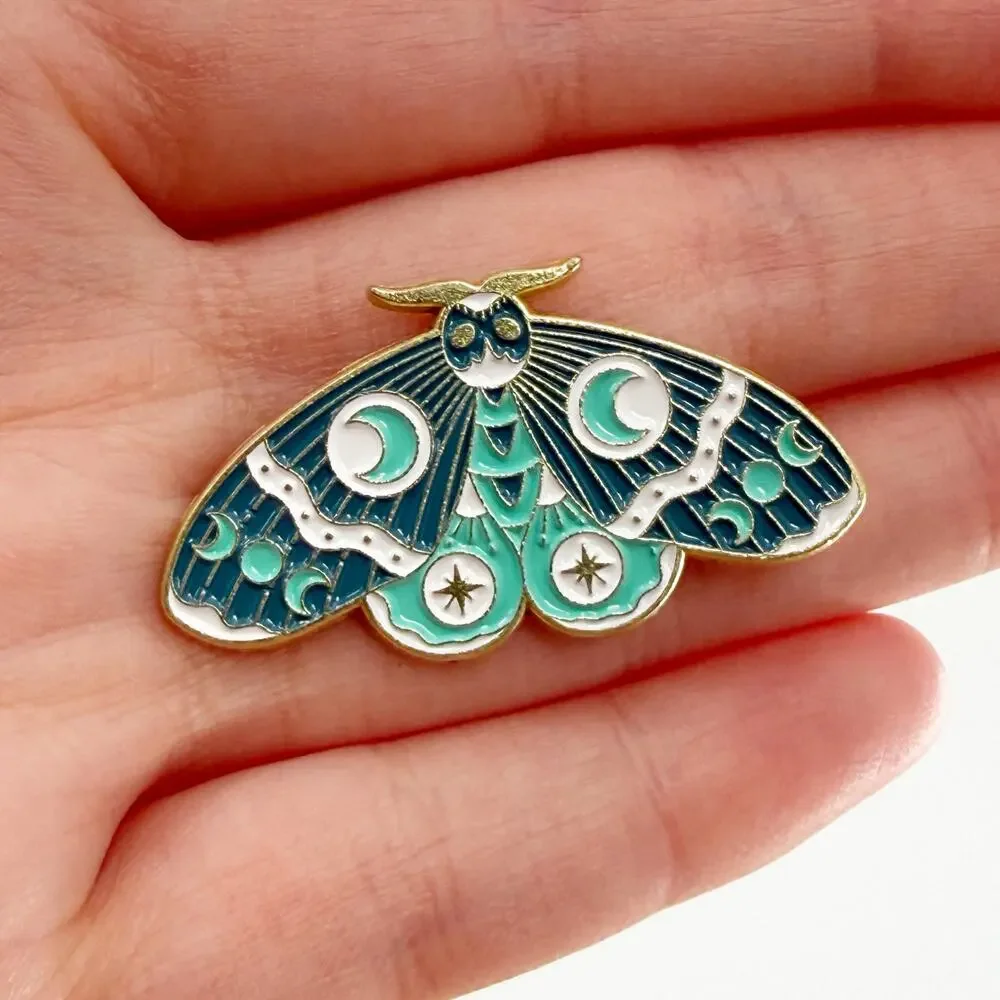 Teal Whimsical Celestial Moth with Safety Pin Back